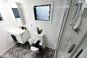 the ensuite bathroom showing basin, toilet and shower