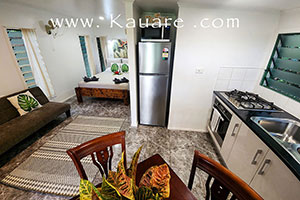 View of the kitchen area inside the bach on Raro